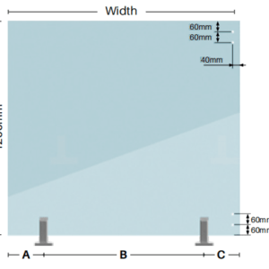 1200mm glass balustrade panel diagram with spigot mounting and pre-drilled side fixing holes.