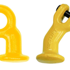 G80 yellow powder coated alloy steel weld-on lifting eye and clevis lug with load pin.