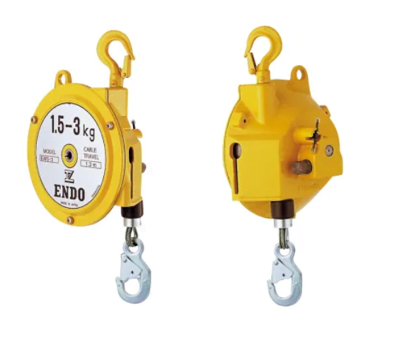 Yellow Endo spring balancer 1.5-3kg capacity with steel cable and safety hooks for tool suspension