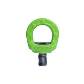 Lime green powder-coated swivel lifting eye bolt with threaded steel shank for industrial hoisting