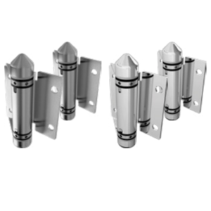 Polished stainless steel self-closing spring hinges for glass gates and pool fencing.