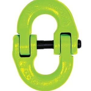 High-visibility lime green Grade 100 alloy steel hammerlock connecting link for lifting chains.