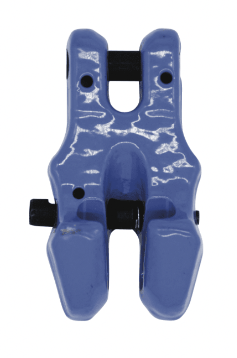Grade 100 blue powder coated clevis shortening clutch with black safety locking pins.