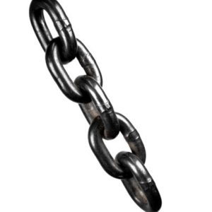 Industrial grade black steel chain links in diagonal orientation against white background