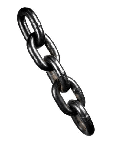 Industrial grade black steel chain links in diagonal orientation against white background