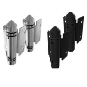 Stainless steel and black powder coated self-closing spring hinges for pool gates and outdoor fencing.