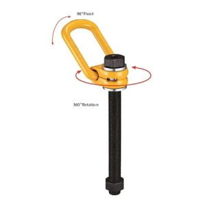 Swivel hoist ring with 360-degree rotation and 90-degree pivot yellow lifting eye on long threaded bolt.