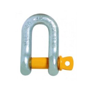Galvanised steel D-shackle with yellow screw pin for industrial lifting and rigging.