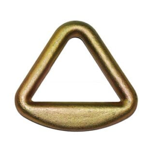 Gold plated steel triangle link delta ring for tie-down straps.