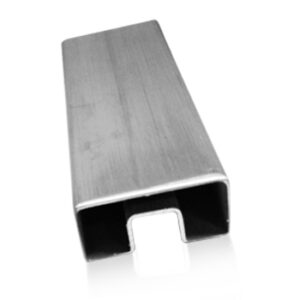 Satin finish stainless steel rectangular handrail profile with bottom channel for glass or panel mounting.