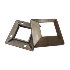 Satin finish stainless steel square base plate and decorative cover flange for balustrade posts.
