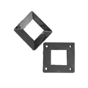 Stainless steel square post cover plate with four corner holes.