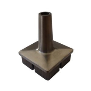 Satin finish square base plate cover with tapered cylindrical post insert for balustrade systems.