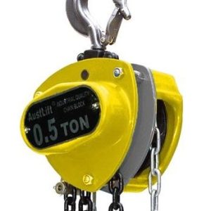 Yellow 0.5 ton manual chain hoist with steel swivel hook and galvanised load chains.