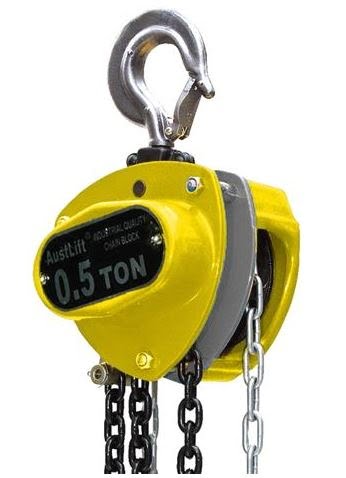 Yellow 0.5 ton manual chain hoist with steel swivel hook and galvanised load chains.