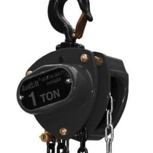 1 Ton black industrial manual chain block hoist with steel swivel hook and galvanised hand chain.