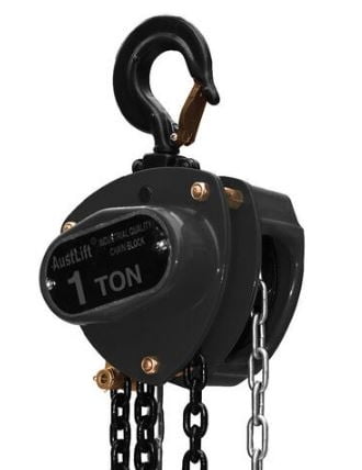 1 Ton black industrial manual chain block hoist with steel swivel hook and galvanised hand chain.