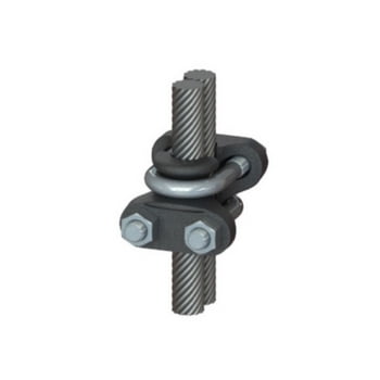 Double throat wire rope grip securing two parallel steel cables with hex bolts.