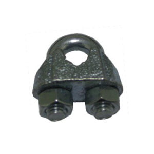 Electrogalvanized wire rope grip with U-bolt and dual hex nuts for cable termination.