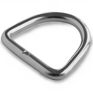 Polished stainless steel welded D-ring for marine rigging and industrial hardware.