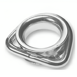 Polished stainless steel D-ring with integrated thimble for wire rope rigging.
