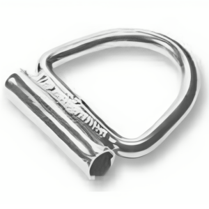Polished stainless steel D-ring with welded tube sleeve for wire rope and balustrading applications.