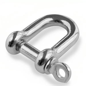 Polished 316 grade stainless steel D-shackle with threaded screw pin for marine rigging and lifting.
