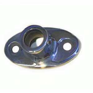 Polished stainless steel oval floor flange with center tube socket and two mounting holes.