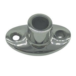 Polished 316 stainless steel oval base plate rail flange with two mounting holes for balustrade posts.