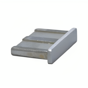Satin finish stainless steel rectangular end cap for flat profile handrail balustrading.