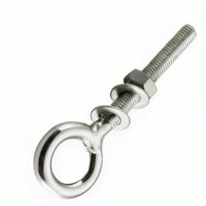Polished stainless steel welded eye bolt with hex nut and washers for rigging and balustrade systems.