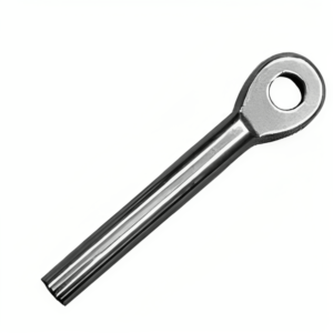 Polished 316 stainless steel swage eye terminal for wire rope balustrade tensioning.