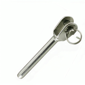 Stainless steel swage fork terminal with clevis pin and ring for wire rope balustrading.