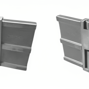 Stainless steel kerb rail adjustable joiner with reinforced ribbed leaves and pin-jointed pivot.