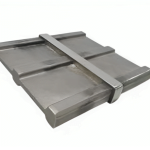 Industrial kerb rail in-line joiner for safety barrier systems with satin finish metal construction.