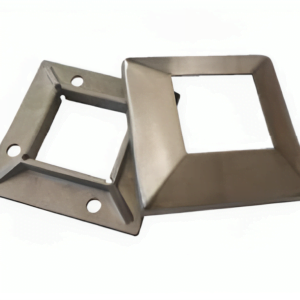 Satin finish stainless steel square base plate and decorative cover flange for balustrade posts.