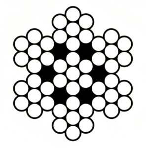 Technical cross-section of 7x7 stainless steel wire rope showing seven strands of seven wires each.