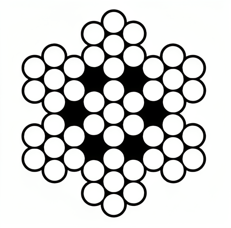 Technical cross-section of 7x7 stainless steel wire rope showing seven strands of seven wires each.