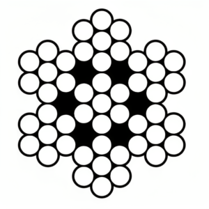 Technical cross-section of 7x7 stainless steel wire rope showing seven strands of seven wires each.