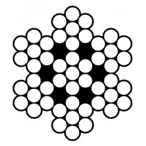 Technical cross-section of 7x7 stainless steel wire rope showing seven strands of seven wires each.