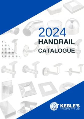 2024 handrail catalogue featuring stainless steel brackets, glass standoffs, and balustrade fittings.