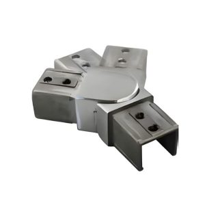 Adjustable horizontal connector for square profile stainless steel handrails.