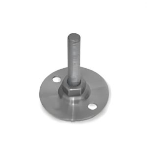 Satin finish stainless steel circular base plate with vertical threaded mounting stud and two-hole fixings.