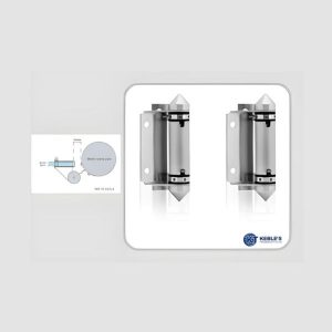 Polished stainless steel spring-loaded glass gate hinges with side-mount brackets and technical installation diagram.
