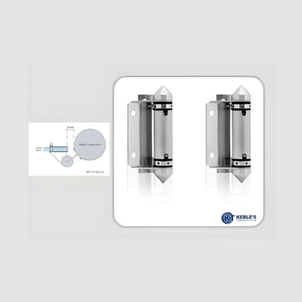 Polished stainless steel spring-loaded glass gate hinges with side-mount brackets and technical installation diagram.