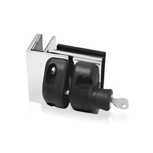 Key-lockable 90-degree glass-to-glass corner latch in polished stainless steel for frameless fencing.