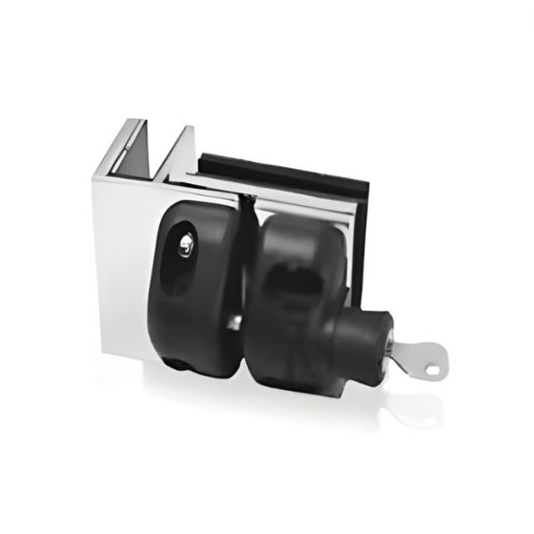 Key-lockable 90-degree glass-to-glass corner latch in polished stainless steel for frameless fencing.