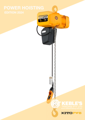 Kito yellow 1-tonne electric chain hoist with pendant control and chain container for industrial lifting.