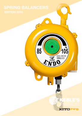 Yellow Endo spring balancer 85kg to 105kg capacity for industrial tool suspension and tension control.