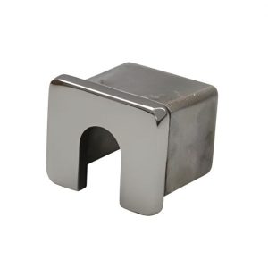 Polished stainless steel square end cap with u-shaped notch for glass balustrade handrail.